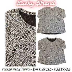 Lucky Brand Women Scoop Neck Tunic 3/4 Sleeves B & W Paisley 3X/3G